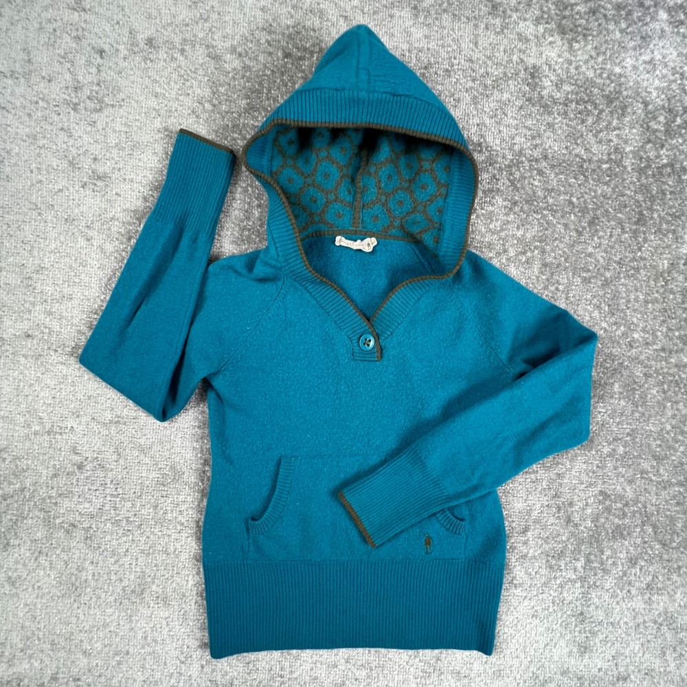 Smartwool Womens Teal 100% Merino Wool V-Neck Hooded Sweater Small 4528